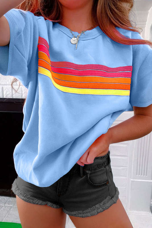 Blue V-Neck Knitted Summer Top with Exposed Seams