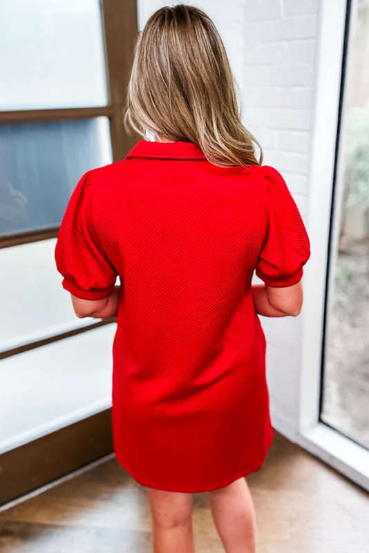 Fiery Red Textured Collared V Neck Puff Short Sleeve Shift Mini Dress