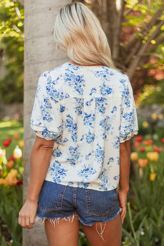 Sky Blue Floral Tiered Puff Short Sleeve Pleated Bust Buttoned Casual Shirt
