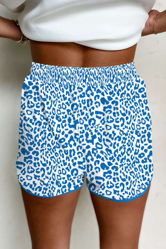 Blue Leopard Elastic Waistband Lace up Contrast Trim Casual Shorts