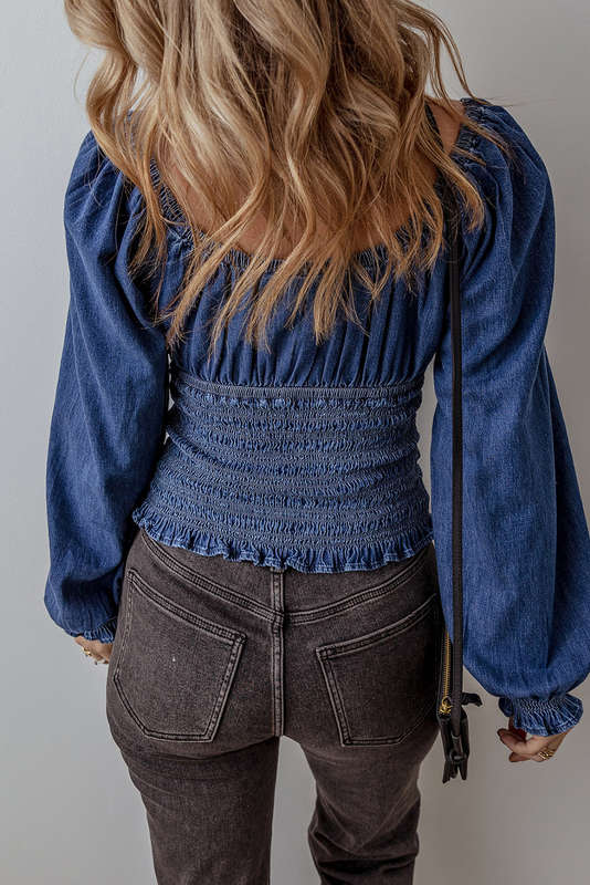 Blue V-Neck Knitted Summer Top with Exposed Seams