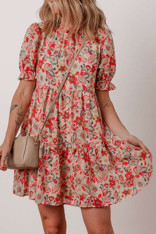 Multicolour Floral Print Frilled Neck Puff Sleeve High Waist Dress