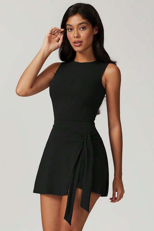 Black Sleeveless Knot Skirt Hem Sports Romper