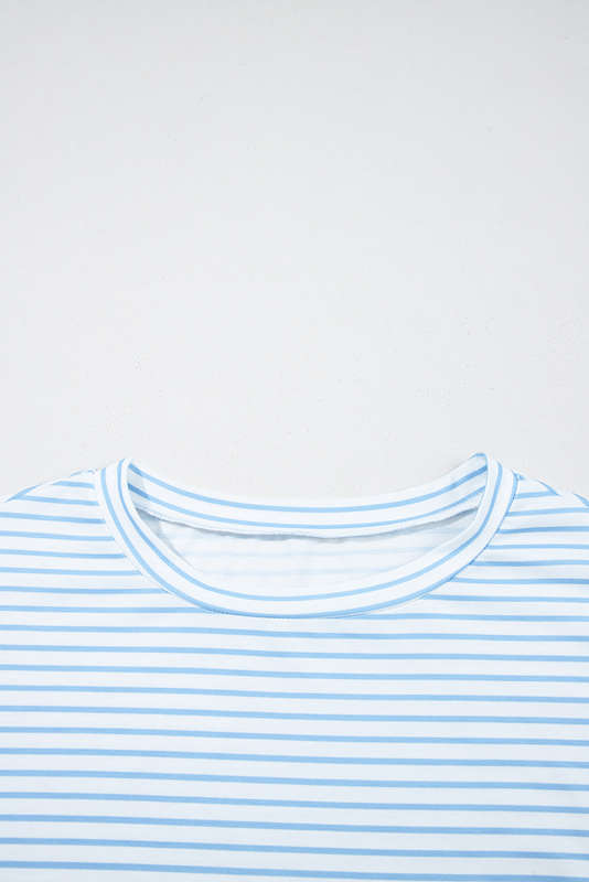 Sky Blue Stripe Floral Three Quarter Sleeves Patchwork Drop Shoulder Top