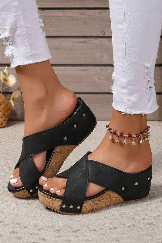 Black Criss Cross Cut Out PU Leather Wedge Slippers