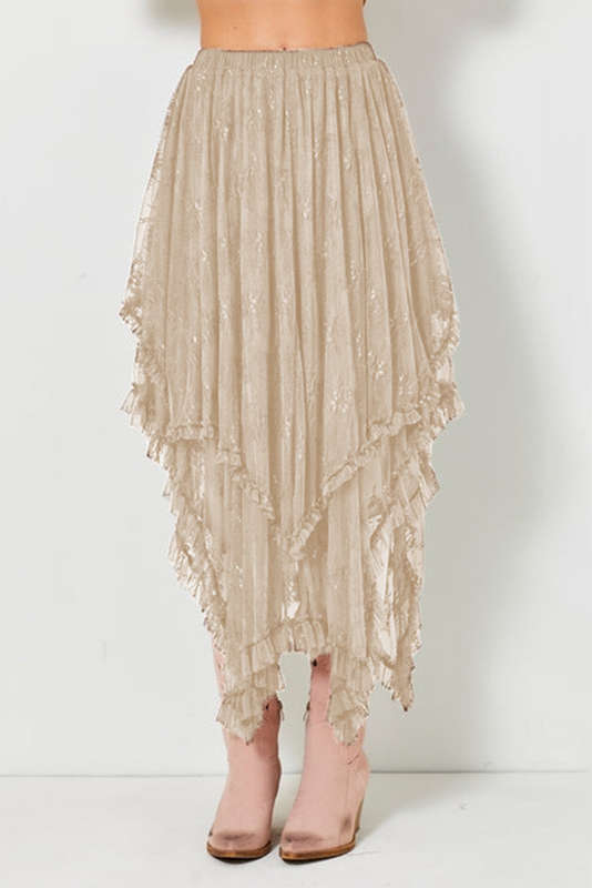 Apricot Lace Cascading Tiered High Waist Maxi Skirt