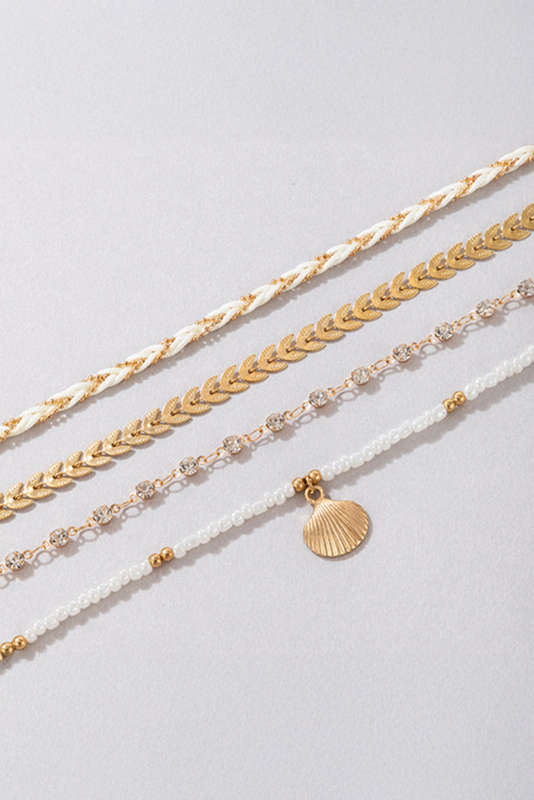 Gold Shell Pendant Beaded Braided Multi Layer Bracelet