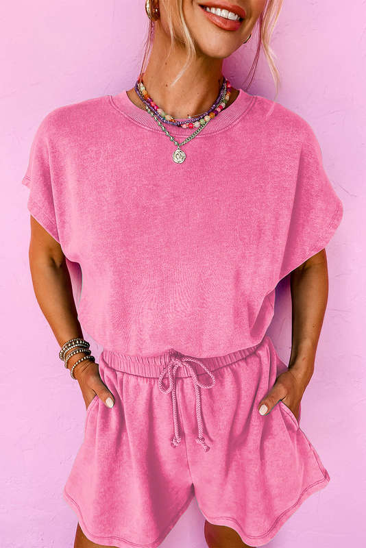 Bonbon Mineral Wash Drawstring Elastic Waistband Hollow Out Back Short Sleeve Romper