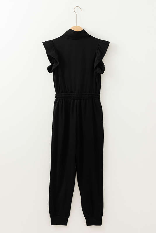 Black Zipper Flutter Sleeve Drawstring High Waist Jumpsuit