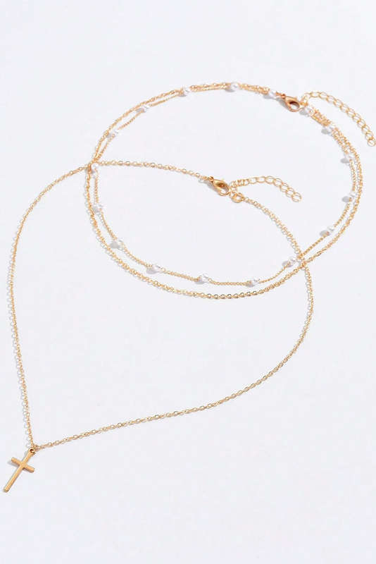 Gold Plated Cross Pendant Pearl Decor Triple Layer Chain Necklace