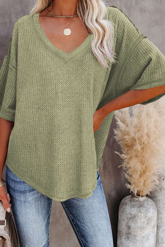 Green Exposed Seam Half Sleeve Knitted V Neck Textured Top