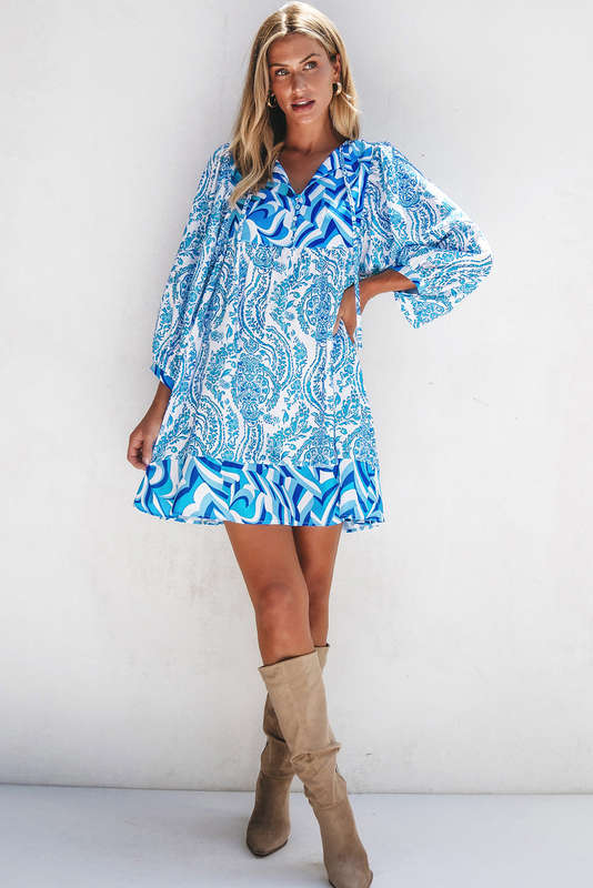 Blue V-Neck Knitted Summer Top with Exposed Seams