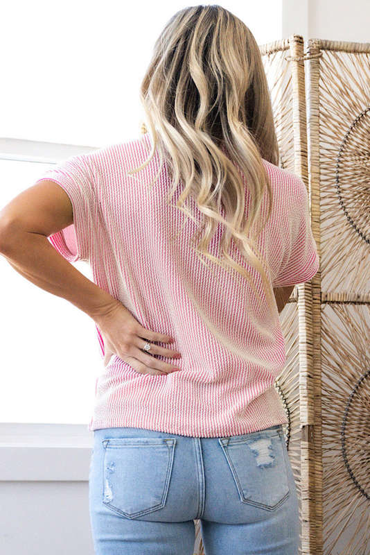 Pink Corded Knit Color Block Pocketed Crew Neck T Shirt