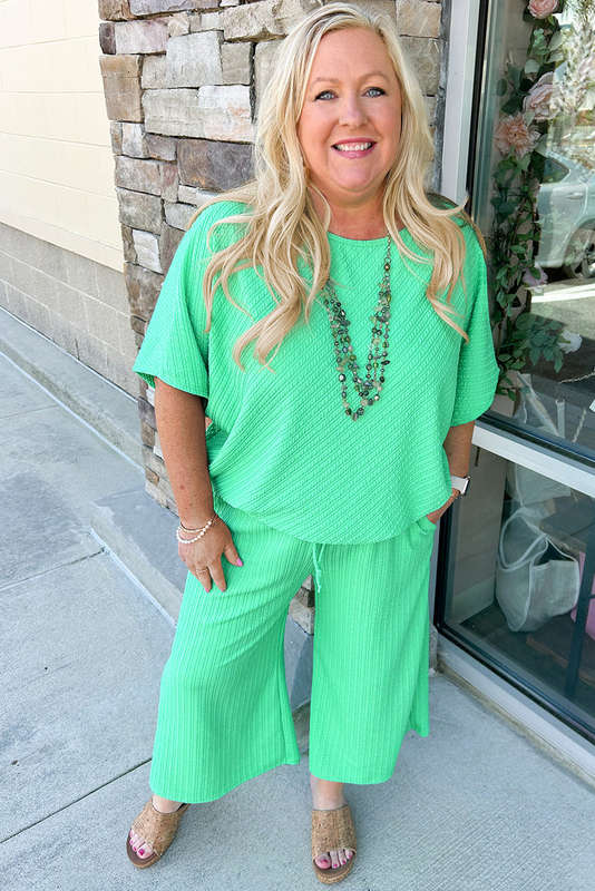 Mint Green Textured Batwing Sleeve Tee Wide Leg Pants Plus Size Set