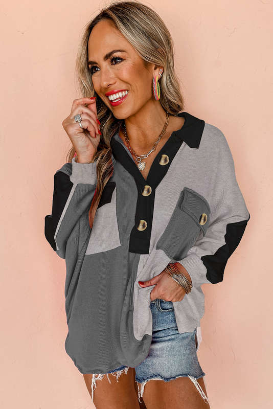 Gray Colorblock Ribbed Collared Oversized Sweatshirt