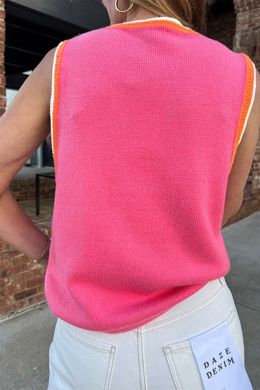 Bright Pink Contrast Trim Pearl Detail Sweater Tank Top