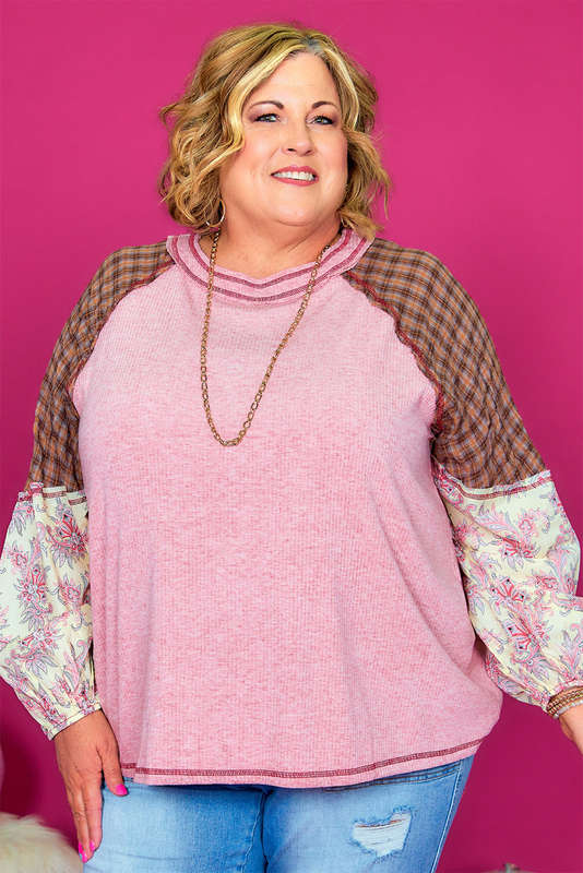 Pink Checkered Paisley Patchwork Raglan Sleeve Seamed Plus Size Top