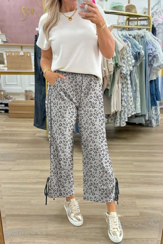 Gray Leopard High Waist Side Bow Straight Leg