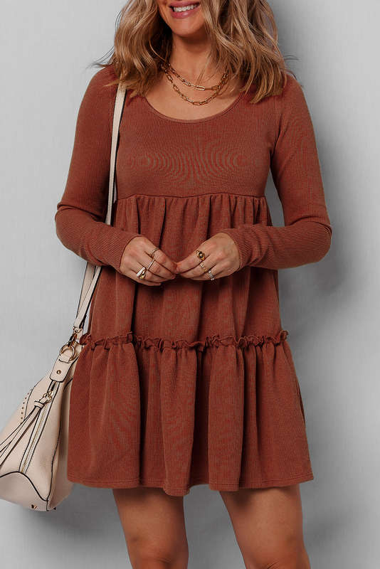 Straw Yellow Ribbed Frilled Trim High Waist Long Sleeve Mini Dress