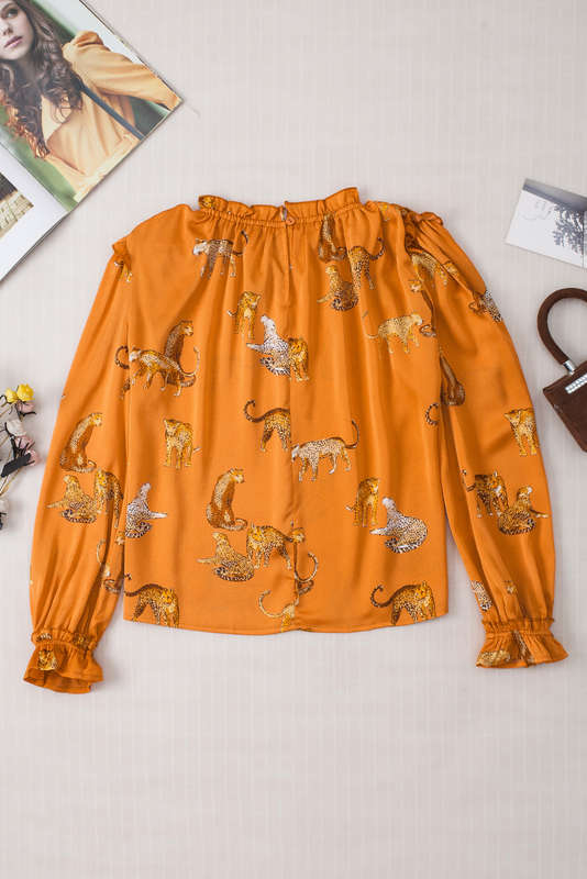 Orange Cheetah Printed Ruffled Sleeve Blouse