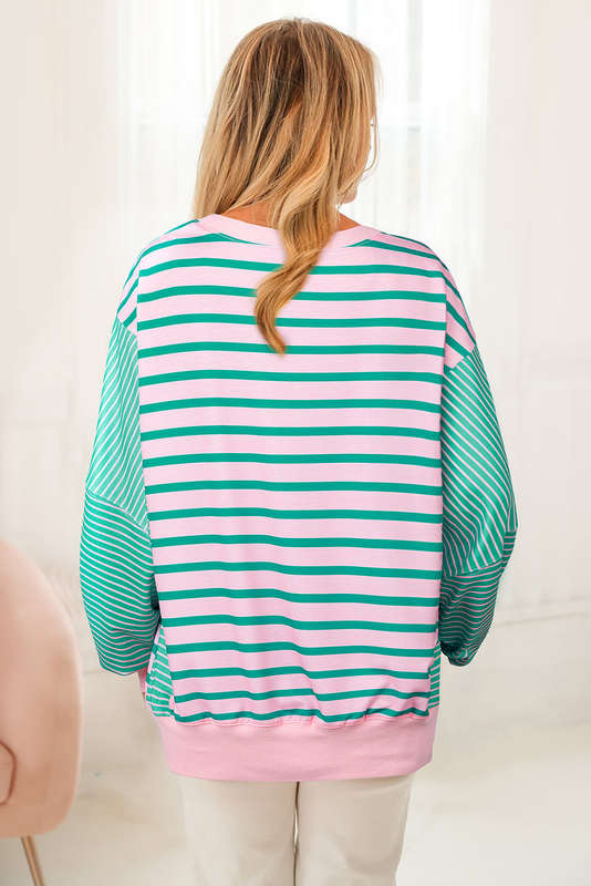 Green Stripe Mix Pattern Color Block Patchwork Side Slit Baggy Sweatshirt