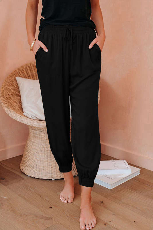 Black Drawstring Elastic Waistband Pocketed Cropped Jogger Pants