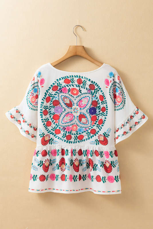 Pink Boho Floral Puff Sleeve Summer Blouse