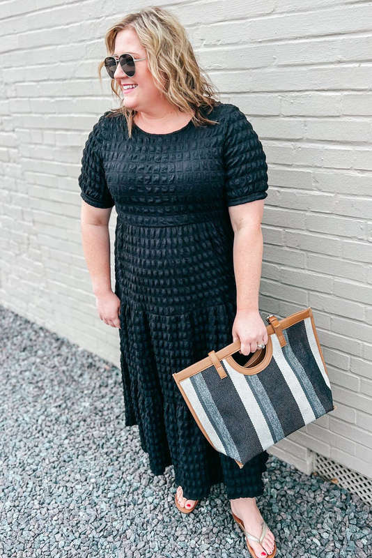 Black Plus Size Textured Tiered Short Sleeve Maxi Dress