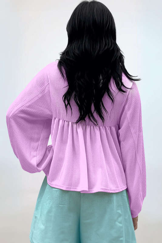 Phalaenopsis Corded Turn-down V Neck Bubble Sleeve Babydoll Blouse