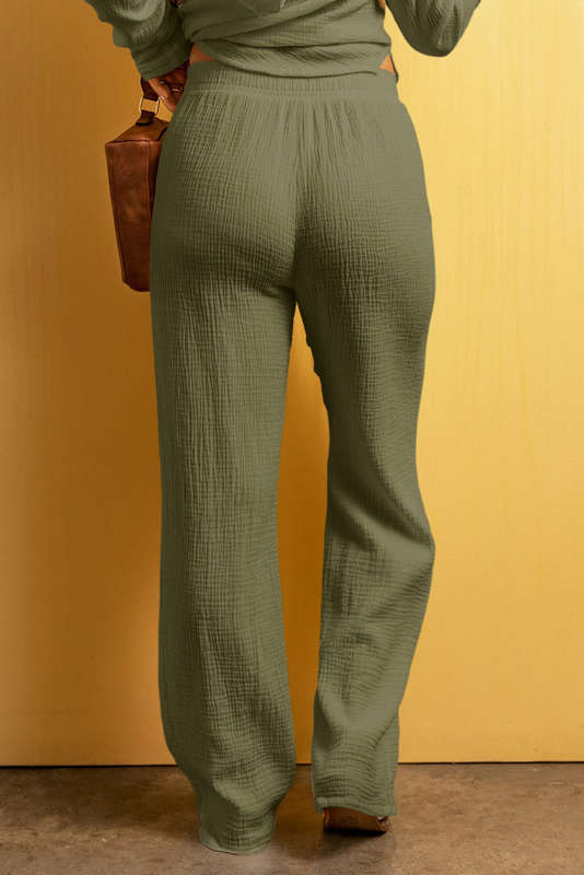 Jungle Green Textured Loose Fit Drawstring Elastic Waistband Pants
