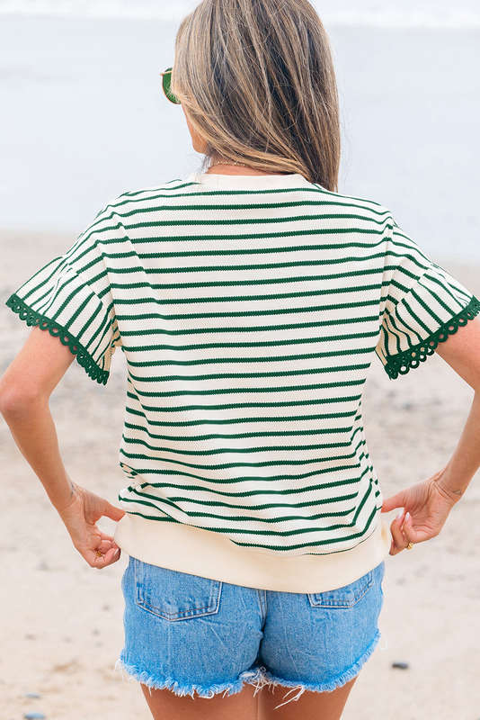 Green Stripe Scallop Lace Trim Ruffle Short Sleeves Crewneck Top