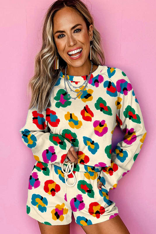 Apricot Multicolor Leopard Printed Long Sleeve Top Two Piece Shorts Set