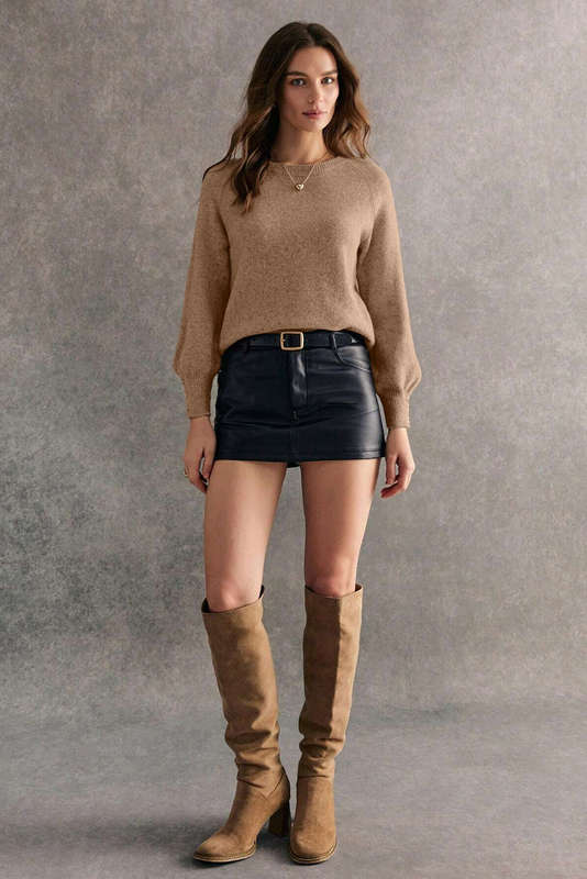 Camel Buttoned Bishop Sleeve Crew Neck Sweater