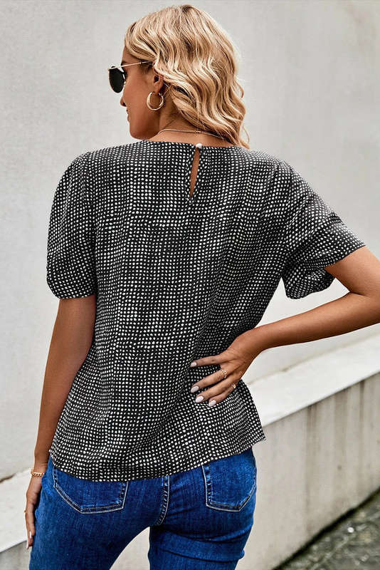 Black Cheetah Short Puff Sleeve Blouse
