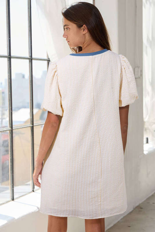 Beige Stripe Seersucker Contrast Round Neck Puff Sleeve T Shirt Dress