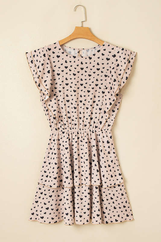 Khaki Heart Printed Flutter Sleeve Cinched Waist Tiered Ruffle Mini Dress