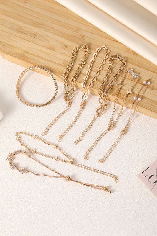 Gold Rhinestone Decor Butterfly Flower Multi Layer Bracelet Set