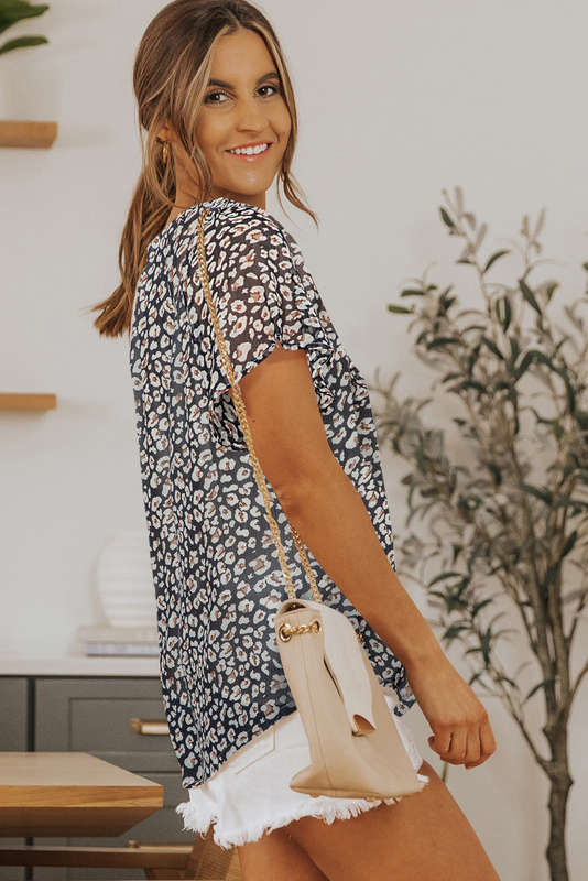 Black Flutter Sleeve V Neck Floral Summer Blouse