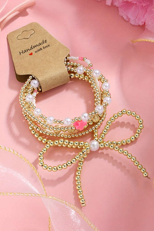 Gold Bow Knot Pearl Decor Beaded Plated Layered Bracelet