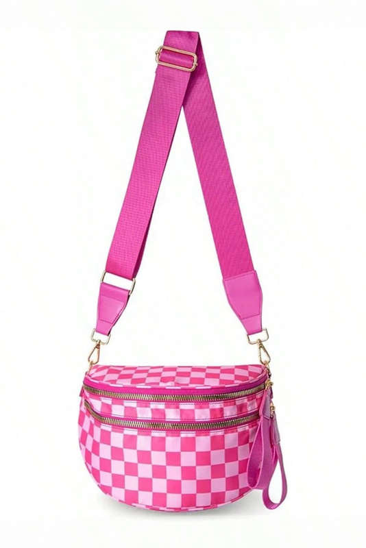 Bright Pink Checkered Print Wide Strap Large Crossbody Bag