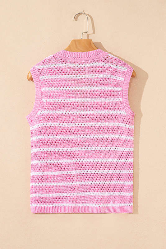 Pink Stripe V Neck Gold Buttons Elegant Sweater Vest