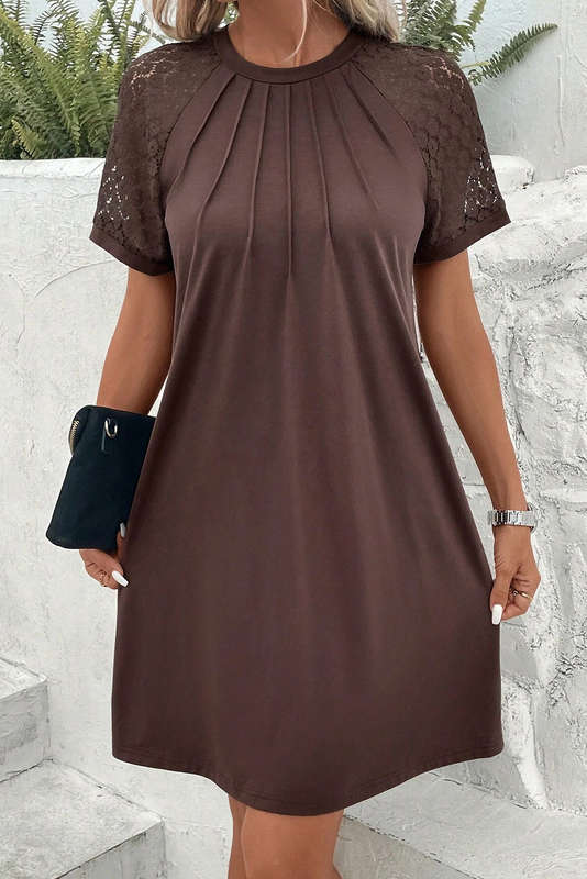 Dark Brown Contrast Lace Raglan Sleeve Pleated Detail Shift Dress