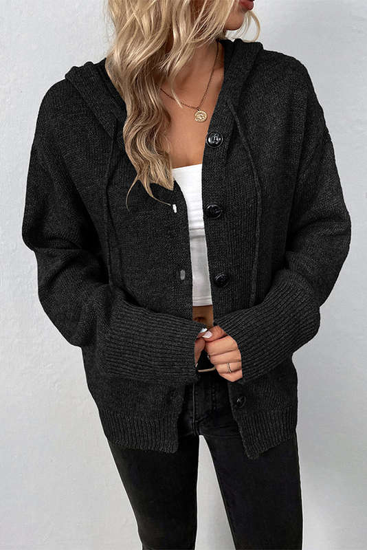 Black Drawstring Hooded Button Up Drop Shoulder Sweater Cardigan