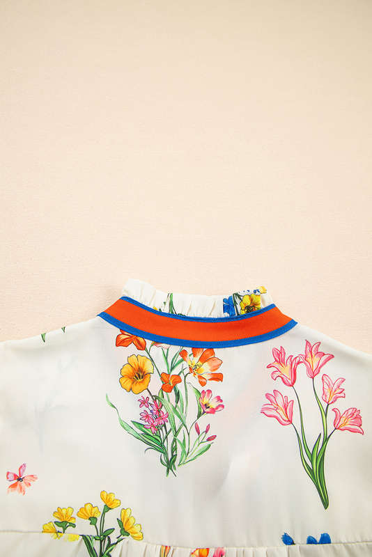 White Floral Short Puff Sleeve Contrast V Neck Print Blouse