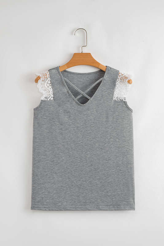 Gray Lace Patchwork Criss Cross V Neck Tank Top