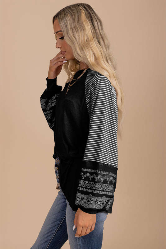 Black Contrast Print Striped Raglan Long Sleeve Loose Top