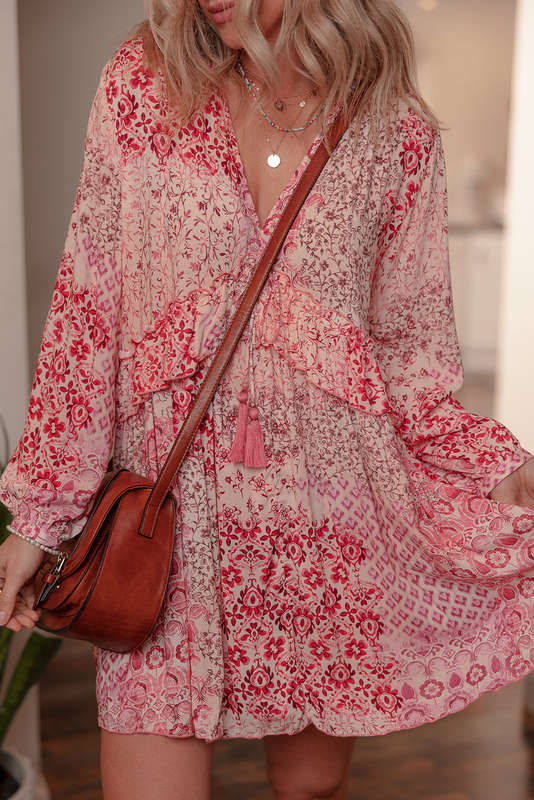 Pink Bohemian Floral Print Tassel Tie Long Sleeve Flowy Mini Dress