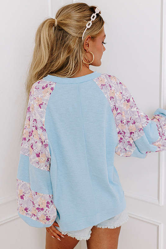 Blue V-Neck Knitted Summer Top with Exposed Seams