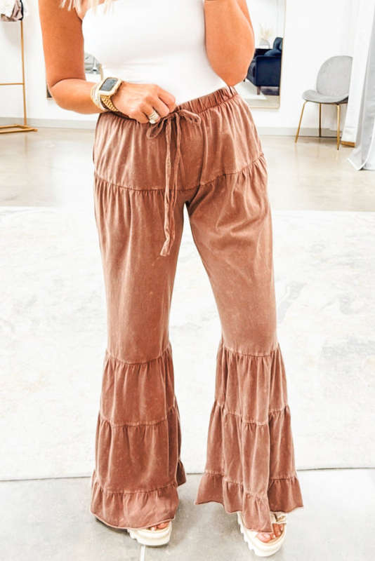Straw Yellow Mineral Wash Lace-up High Waist Tiered Bell Bottom Pants