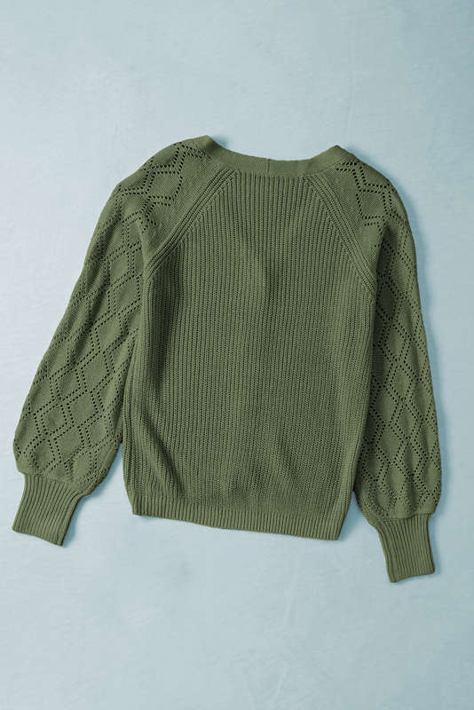 Green Bishop Sleeve Button V Neck Cardigan Sweater